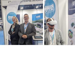 À gauche, l'équipe du C.I.EAU Isabelle côté et Benoit Chevrier au kiosque du salon des affaires municipales. À droite, un essai du casque de réalité virtuelle au kiosque du C.I.EAU