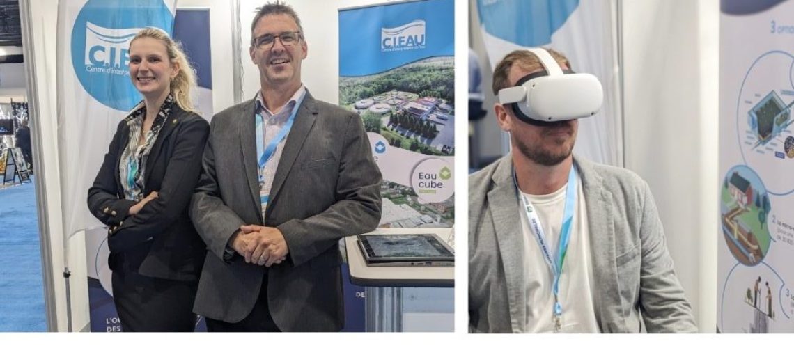 À gauche, l'équipe du C.I.EAU Isabelle côté et Benoit Chevrier au kiosque du salon des affaires municipales. À droite, un essai du casque de réalité virtuelle au kiosque du C.I.EAU